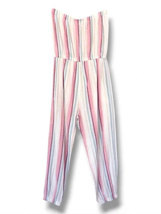 Elan striped strapless jumpsuit cream with pink and teal jogger bottom - Picture 2 of 9